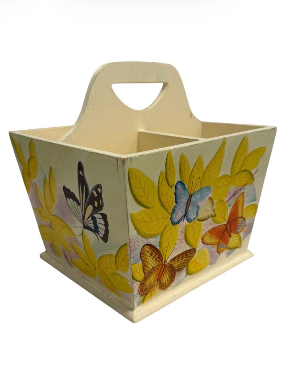 Hand-Painted Butterfly Vintage Floral Decorative wood Caddy - Yellow